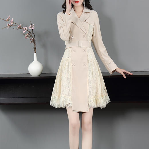 DES-2au0404春装新款西服领双排扣拼接长袖OL通勤风衣连 商品图0