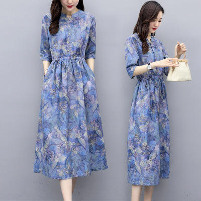 NRJ-8011春装新款收腰休闲气质中长款印花棉麻连衣裙 商品图3
