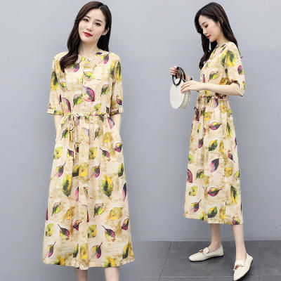 NRJ-8011春装新款收腰休闲气质中长款印花棉麻连衣裙 商品图1