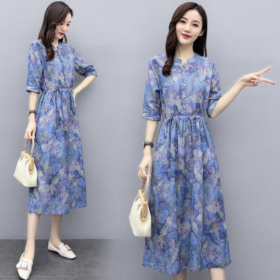 NRJ-8011春装新款收腰休闲气质中长款印花棉麻连衣裙 商品图2