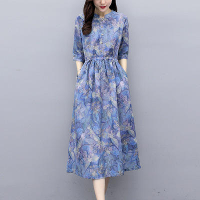 NRJ-8011春装新款收腰休闲气质中长款印花棉麻连衣裙 商品图4