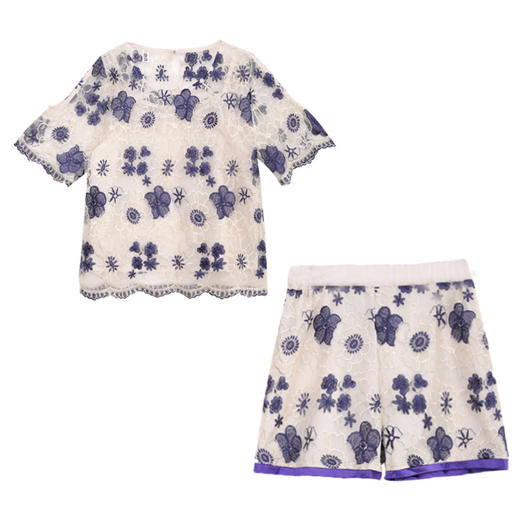 ORH-93202019新款女装夏三件套裤蕾丝刺绣露肩短袖上衣短裤休闲时尚套装WY 商品图4