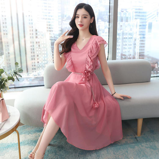 LJY-Y8932-0408夏季新款时尚潮流显瘦无袖木耳边雪纺连衣裙 商品图2