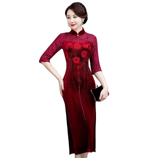 MWYG-9HW9491新款民国风高端镶钻中年金丝绒旗袍 商品图4