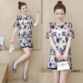 ORH-93202019新款女装夏三件套裤蕾丝刺绣露肩短袖上衣短裤休闲时尚套装WY