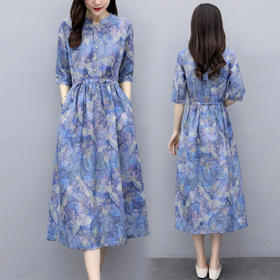 NRJ-8011春装新款收腰休闲气质中长款印花棉麻连衣裙