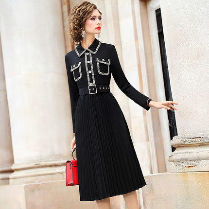 FMY-28426春季新款轻熟气质收腰翻领中长款百褶裙 商品图1