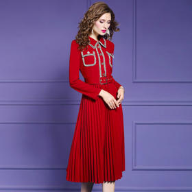 FMY-28426春季新款轻熟气质收腰翻领中长款百褶裙