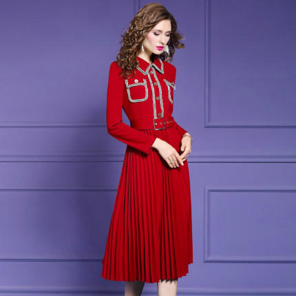 FMY-28426春季新款轻熟气质收腰翻领中长款百褶裙 商品图0