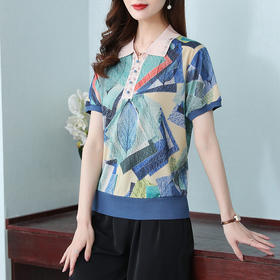 MQ-LMYZ59155夏季新款短袖翻领印花宽松显瘦仿真丝上衣XCX