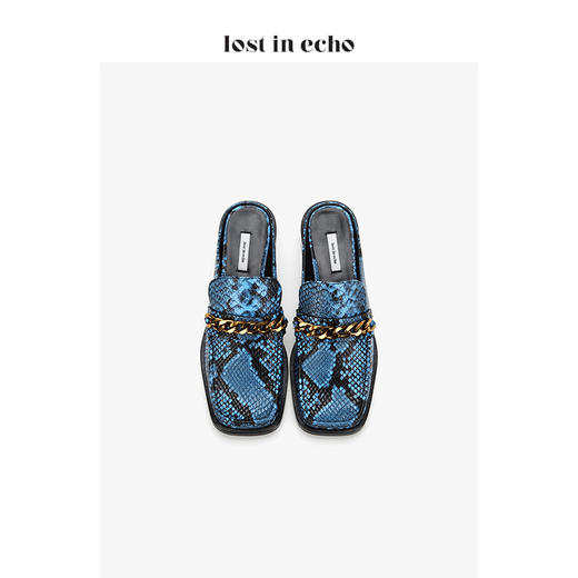 【微瑕疵不退不换】lost in echo 2020SS低跟 设计师女鞋链条方头乐福拖鞋蓝黑蛇纹 商品图3