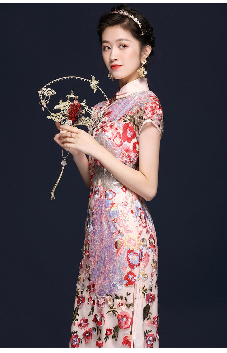 oy205672020春夏新款女装中国风复古重工刺绣气质旗袍改良版连衣裙