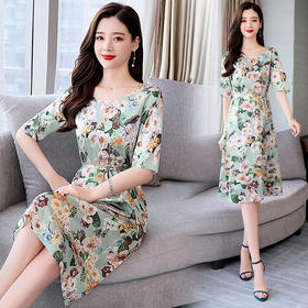 上海旗袍厂ASE-ASE2203优雅复古真丝圆领印花连衣裙