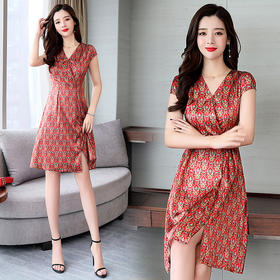 上海旗袍厂ASE-ASE2216性感V领时尚印花真丝连衣裙