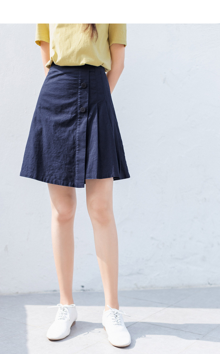 茵曼2020夏装新款半身短裙文艺高腰棉麻不对称百褶裙显瘦小a摆裙