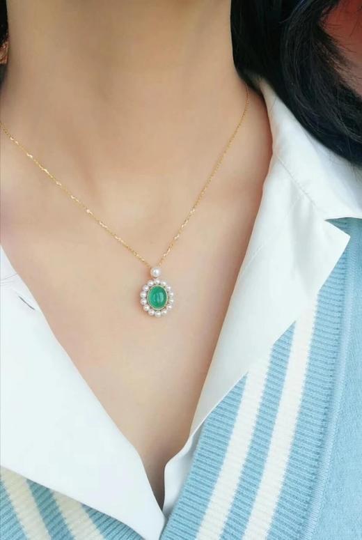 18k金 弧面祖母绿珍珠 复古仙女 米珠颈链 商品图12