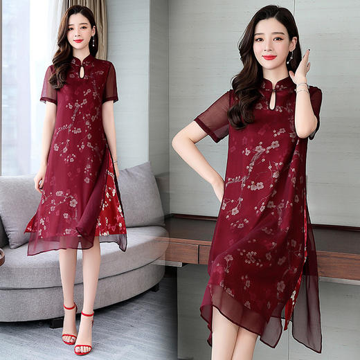 上海旗袍厂ASE-2211复古领口经典印花真丝连衣裙 商品图0