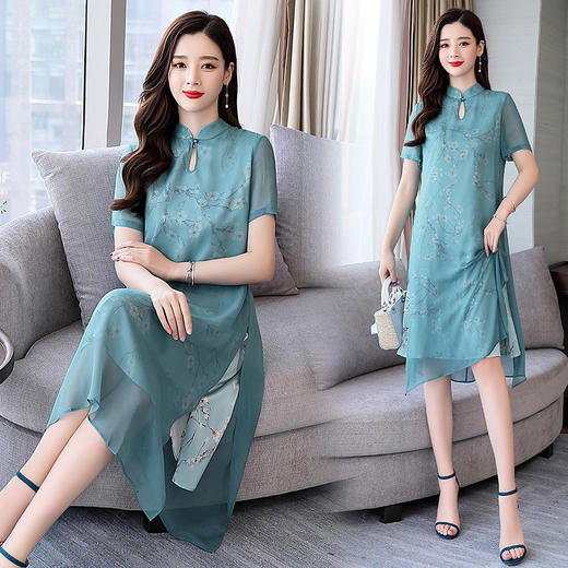 上海旗袍厂ASE-2211复古领口经典印花真丝连衣裙 商品图1