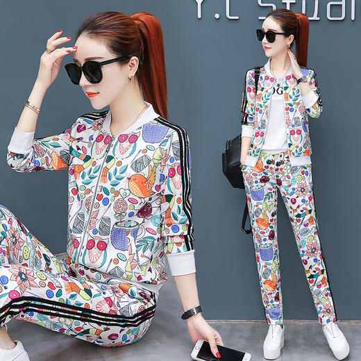 YNE-ZZQYQX819007新款韩版时尚印花卫衣休闲运动服三件套 商品图2