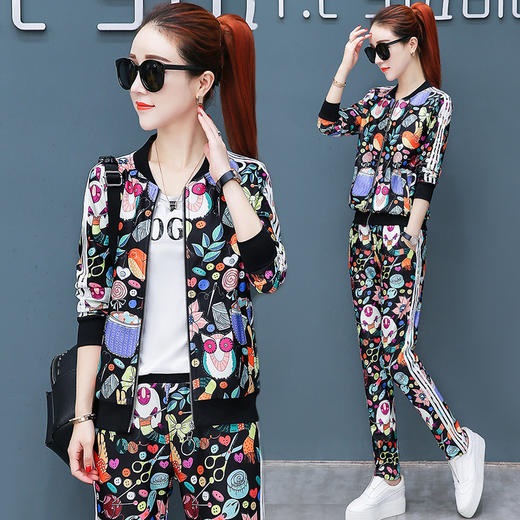 YNE-ZZQYQX819007新款韩版时尚印花卫衣休闲运动服三件套 商品图0