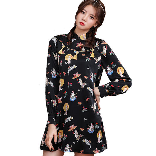 OG-99446春新款宽松休闲时尚民国风印花小个子连衣裙 商品图4