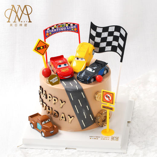 3293【汽车款式随机】 “汽车总动员·麦昆赛道”棕色底蛋糕（送小朋友 小男孩 周岁） 商品图0