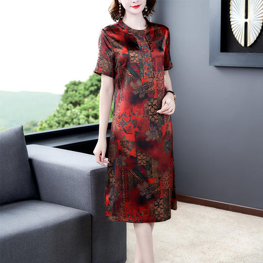 F-MG8032春气质时尚印花中长款缎面桑蚕丝连衣裙 商品图1