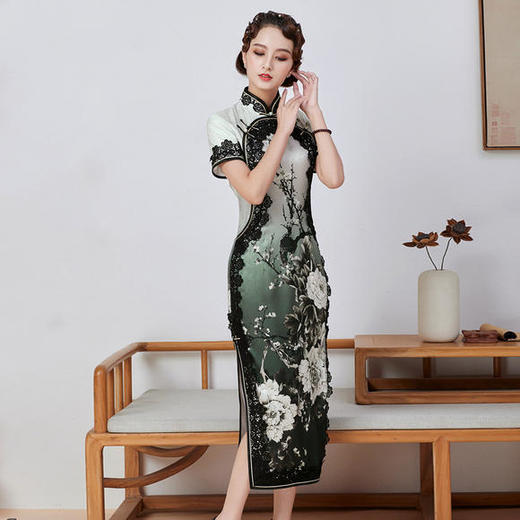 端庄优雅真丝中长款蕾丝改良宴会礼服旗袍qc1697815