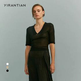 YIRANTIAN2020春夏新款黑色白色粉色翻领收腰后背系带针织上衣 YRT20SS-K07BLK