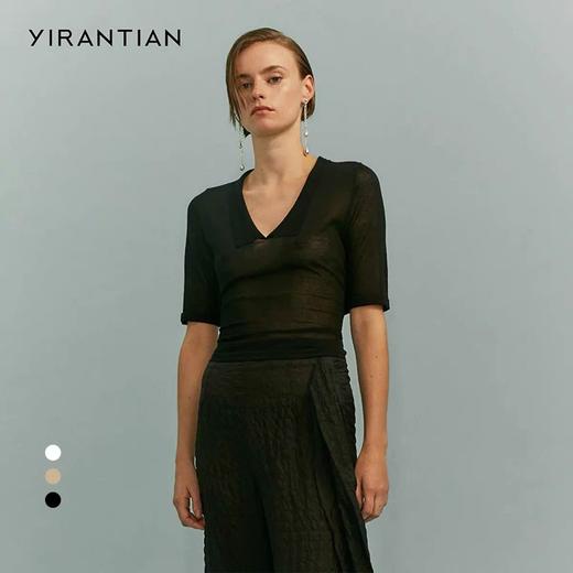 YIRANTIAN2020春夏新款黑色白色粉色翻领收腰后背系带针织上衣 YRT20SS-K07BLK 商品图0