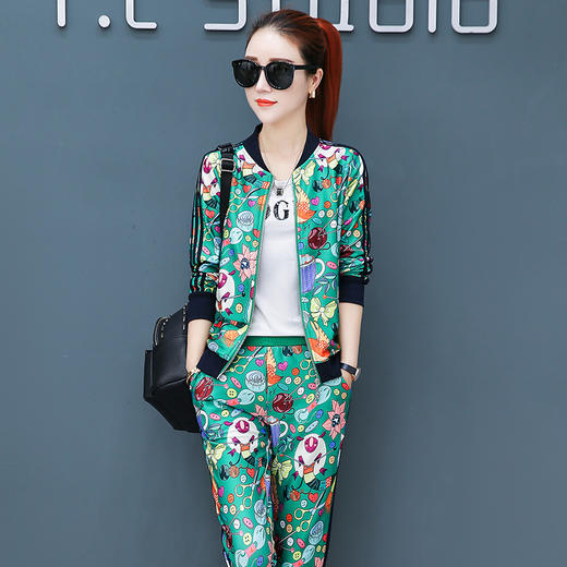 YNE-ZZQYQX819007新款韩版时尚印花卫衣休闲运动服三件套 商品图3