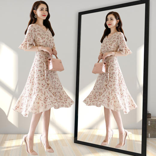 HR-WZ66089夏季OL气质爆款印花五分袖V领连衣裙 商品图2