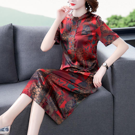 F-MG8032春气质时尚印花中长款缎面桑蚕丝连衣裙 商品图0