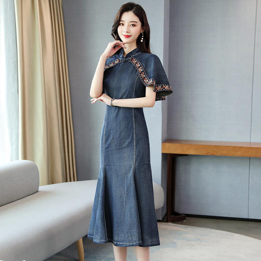 HR-WA20079春季爆款OL气质女装牛仔立领百褶连衣裙 商品图2