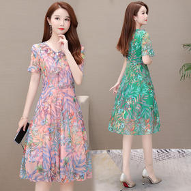 MQ-1965-906夏新款短袖印花雪纺中长款显瘦大码洋气a字裙YY