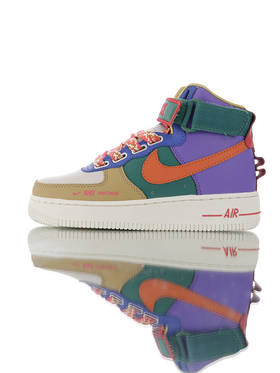 耐克Nike Wmns Air Force 1 High UT 替换LOGO魔术贴 正确无色差版本 硬质头层荔枝纹皮革 内置全掌air sole气垫 皮革拼接制深绿棕黄卡其