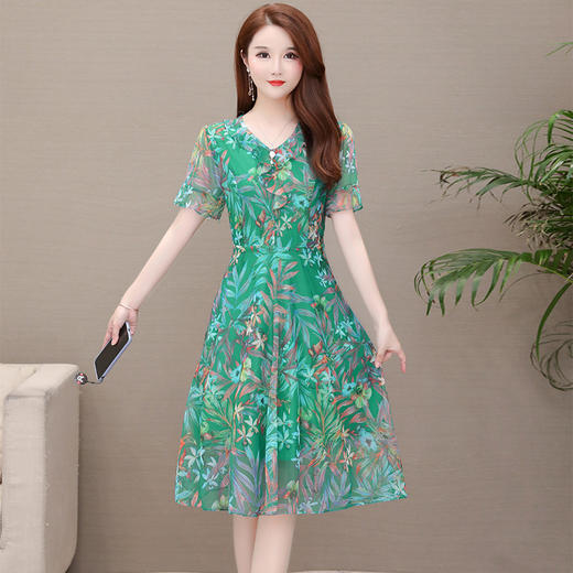MQ-1965-906夏新款短袖印花雪纺中长款显瘦大码洋气a字裙YY 商品图2