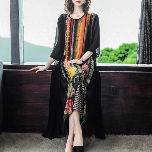 AHM-as8280夏季新款气质时尚印花雪纺拼接圆领连衣裙 商品图1