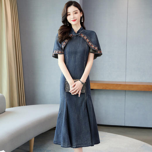 HR-WA20079春季爆款OL气质女装牛仔立领百褶连衣裙 商品图4