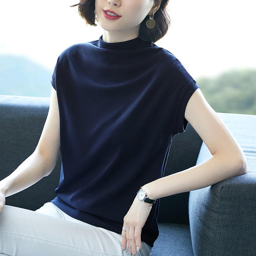 夏款半高领短袖t恤女棉质宽松纯色半袖打底上衣mzz3427