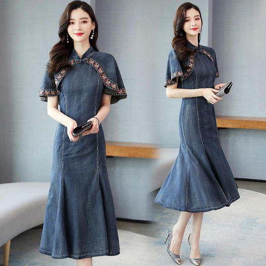 HR-WA20079春季爆款OL气质女装牛仔立领百褶连衣裙 商品图1