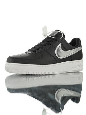 耐克Nike Air Force 1 07 LV8 采用牛剖层移膜革 内置全掌air sole气垫 空军一号经典百搭休闲运动板鞋 黑皮灰银渐变放大钩