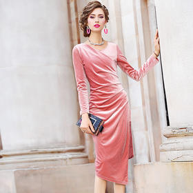 FMY-FX9DL27710名媛气质性感V领显瘦中长款打底裙子