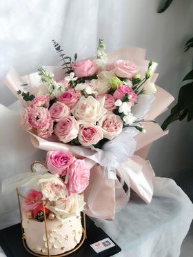 完美搭配（鲜花蛋糕套餐）提前一天下单（加高款蛋糕进口动物奶油水果夹心）