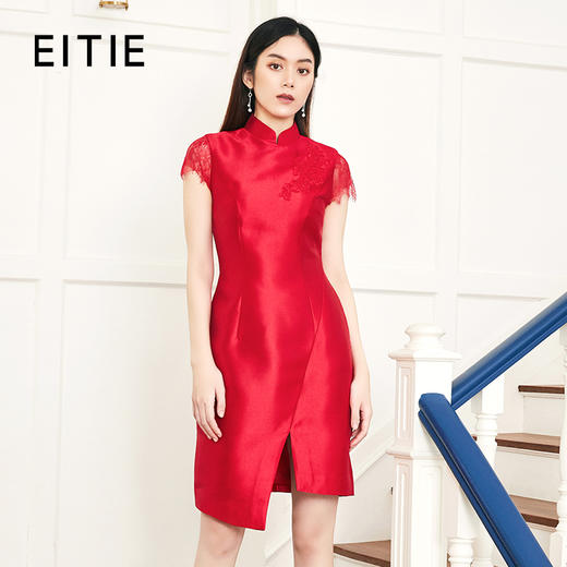 EITIE爱特爱品牌女装秋季优雅立领日常婚宴绣花红色礼服女5877523 商品图0