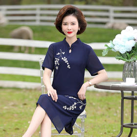 YCE-FLO-2056夏季新款绣花滴水洞短袖中长款旗袍裙子