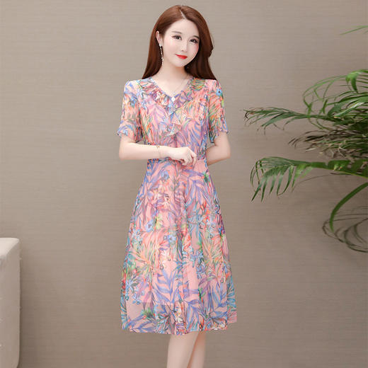 MQ-1965-906夏新款短袖印花雪纺中长款显瘦大码洋气a字裙YY 商品图1