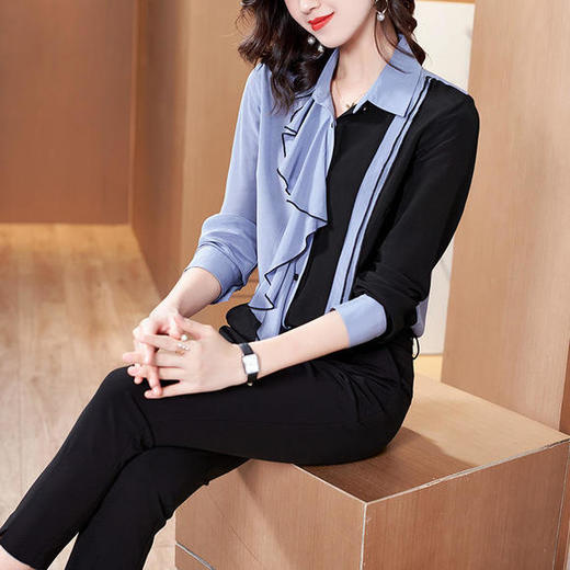 FSZ-2004百搭时尚翻领拼接撞色桑蚕丝衬衣 商品图2