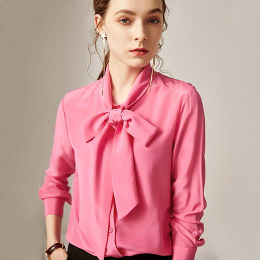 CL-Y2017-3春装新款蝴蝶结飘带玫红真丝衬衫 商品图1