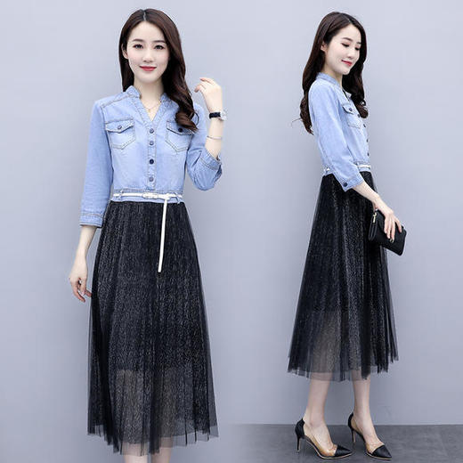 Q-QY20313夏季时尚单排扣牛仔上衣中袖百褶连衣长裙 商品图0